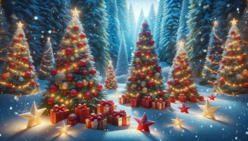 Christmas trees with red and gold garlands, star-shaped snowflakes, and red gift boxes in a snowy forest.