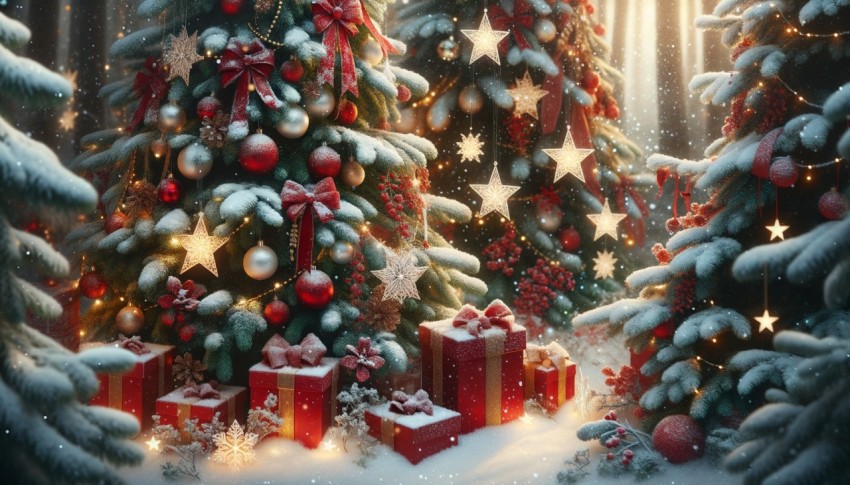 Christmas trees with red and gold garlands, star-shaped snowflakes, and red gift boxes in a snowy forest.