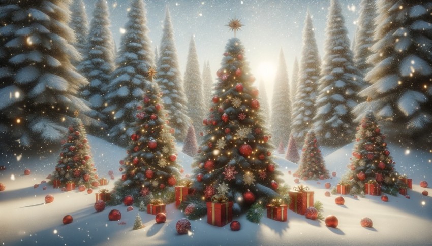 Christmas trees with red and gold garlands, star-shaped snowflakes, and red gift boxes in a snowy forest.