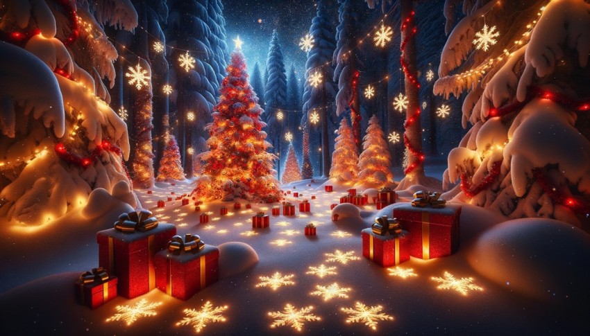 Christmas trees with red and gold garlands, star-shaped snowflakes, and red gift boxes in a snowy forest.