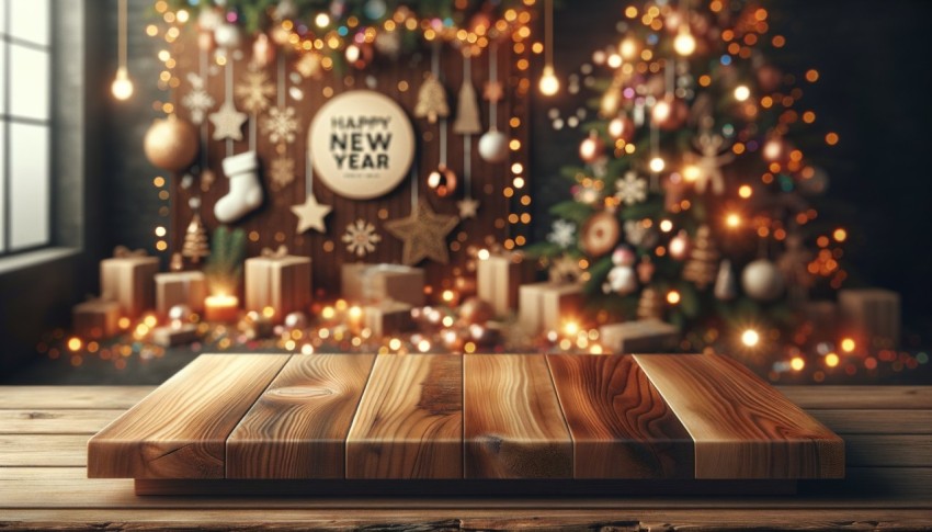 Wood table on a blurred New Year background, perfect for mockups and layouts.