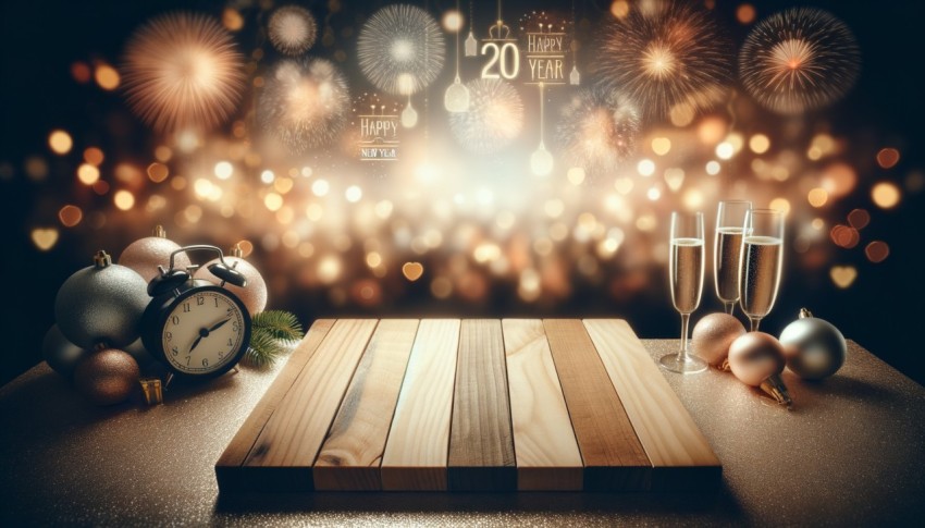 Wood table on a blurred New Year background, perfect for mockups and layouts.