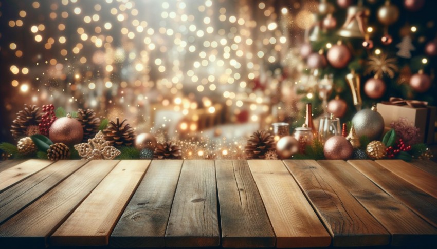 Wood table on a blurred New Year background, perfect for mockups and layouts.