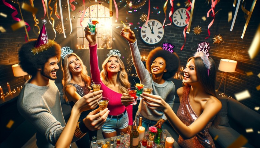 Friends celebrating at a New Year's Eve party.