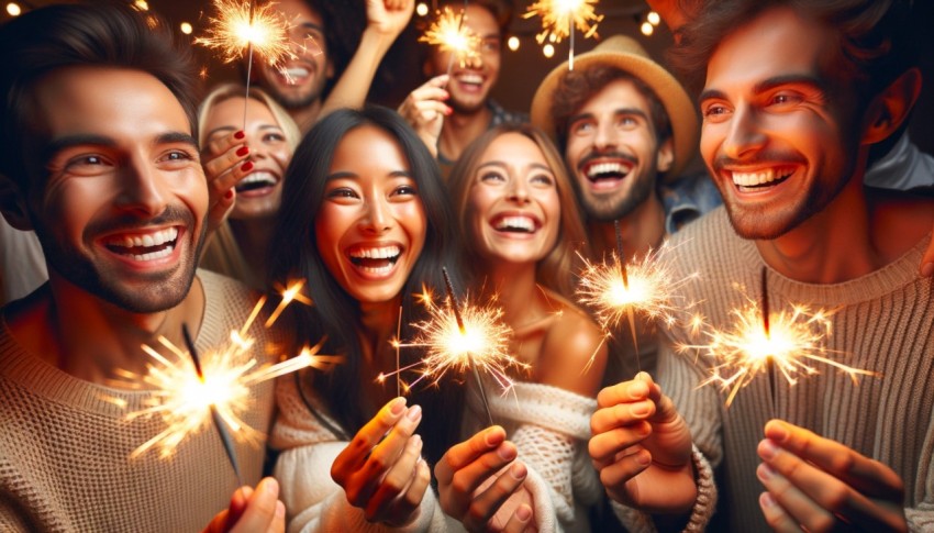 Happy friends celebrating New Year with sparklers at a party.