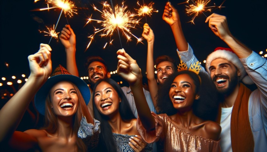 Happy friends celebrating New Year with sparklers at a party.