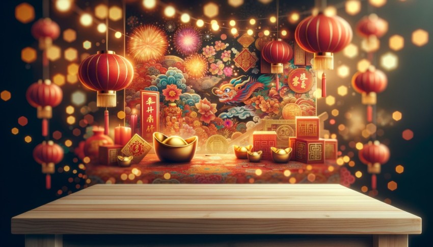 A table against a background of Chinese New Year, ideal for mockups and designs.