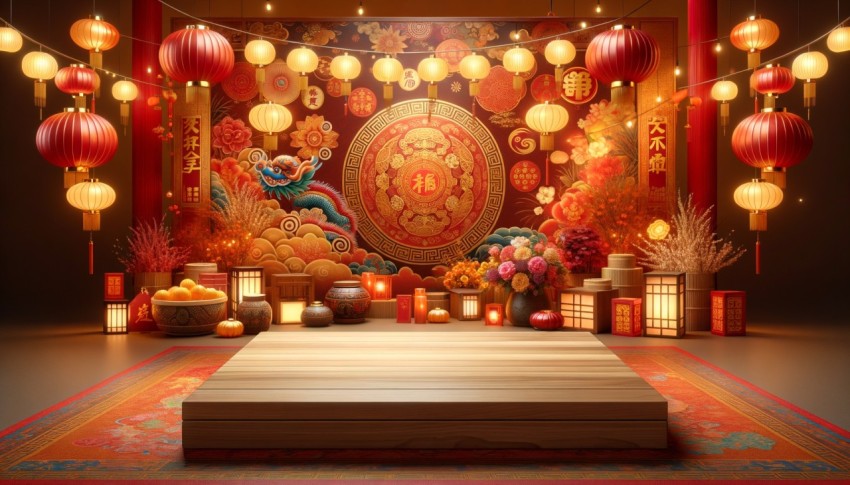 A table against a background of Chinese New Year, ideal for mockups and designs.