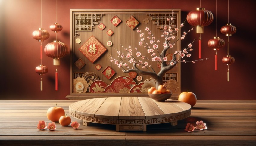 A table against a background of Chinese New Year, ideal for mockups and designs.