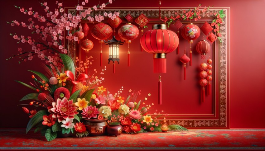 Festive backdrop for Chinese New Year with red decoration.