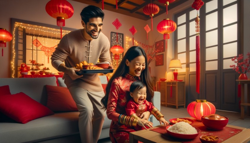 One happy, cheerful Asian family sitting together at the same party table, celebrating Lunar New Year.