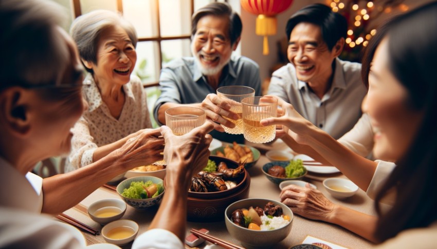 One happy, cheerful Asian family sitting together at the same party table, celebrating Lunar New Year.