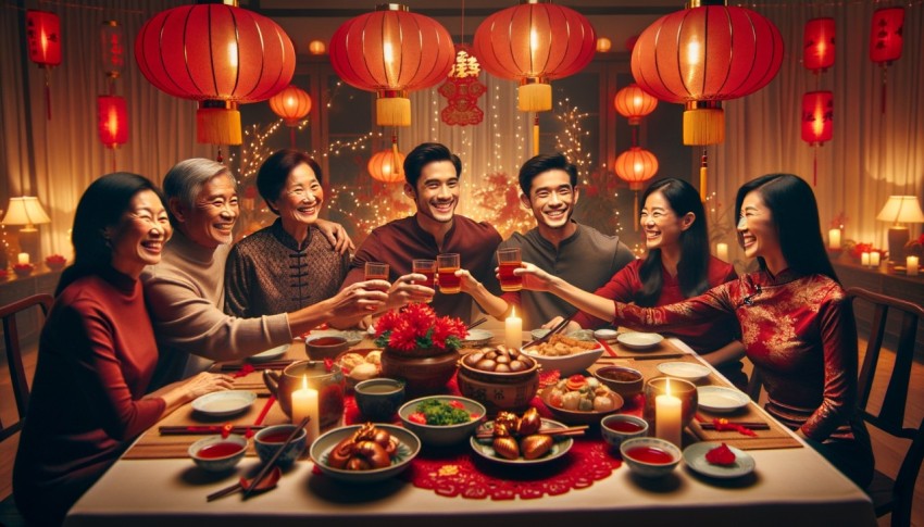 One happy, cheerful Asian family sitting together at the same party table, celebrating Lunar New Year.