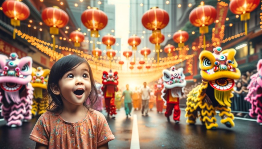 During the Dōngzhì Festival, a group of Chinese lion dancers perform in a street.