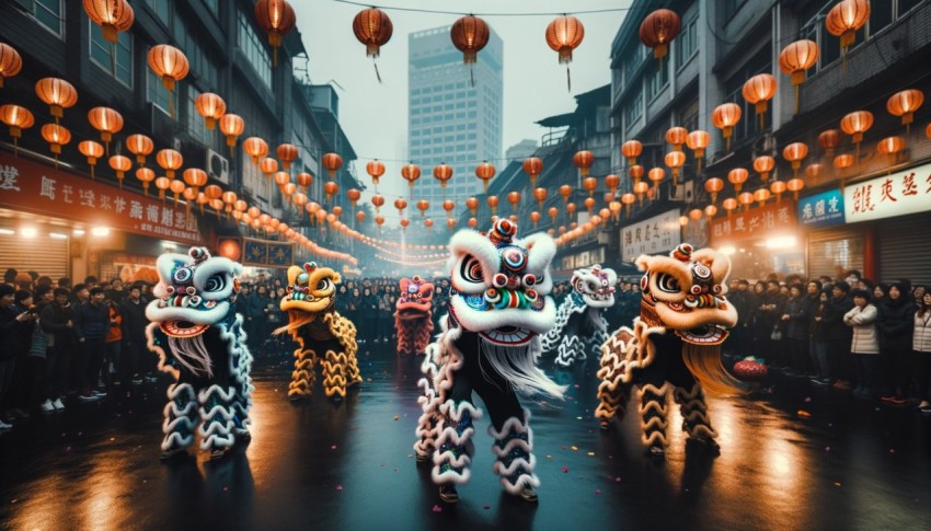 During the Dōngzhì Festival, a group of Chinese lion dancers perform in a street.