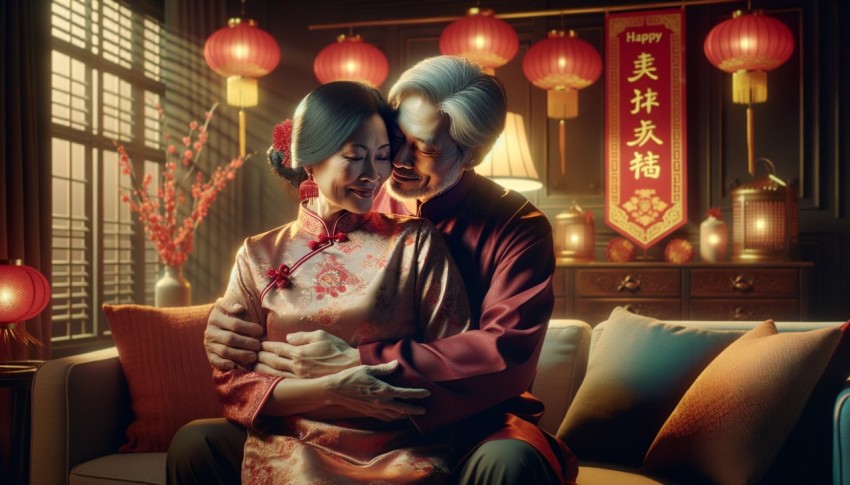 An Asian couple embraces during the Lunar New Year.