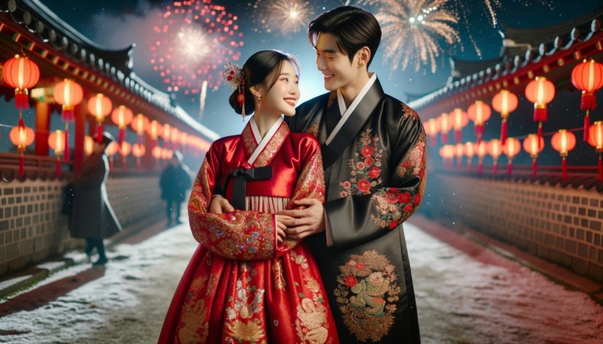 An Asian couple embraces during the Lunar New Year.