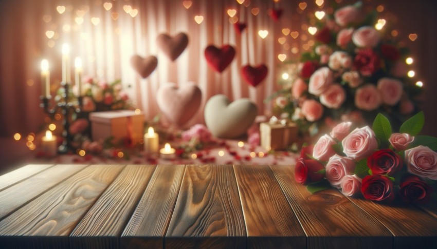 A wood table set against a blurred Valentine's Day background, ideal for mockups and design layouts.