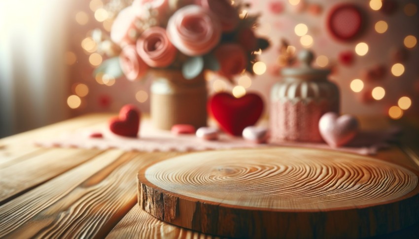 A wood table set against a blurred Valentine's Day background, ideal for mockups and design layouts.