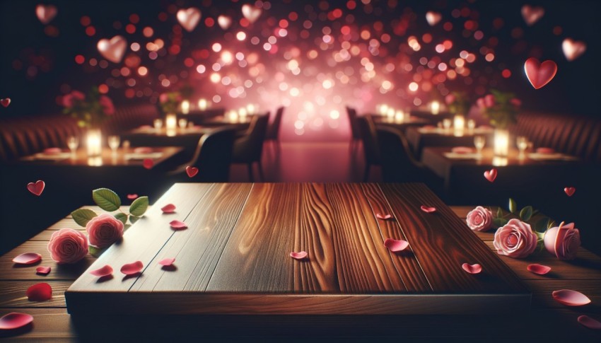 A wood table set against a blurred Valentine's Day background, ideal for mockups and design layouts.