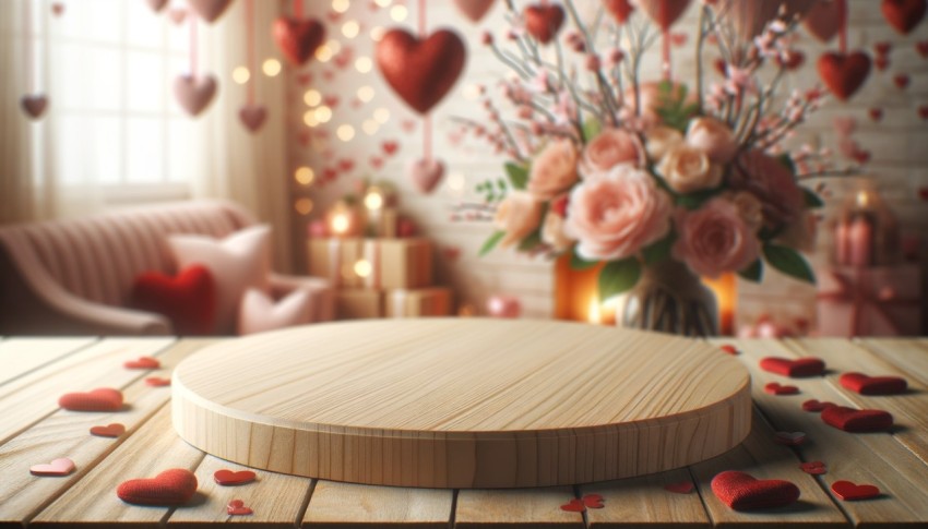 A wood table set against a blurred Valentine's Day background, ideal for mockups and design layouts.