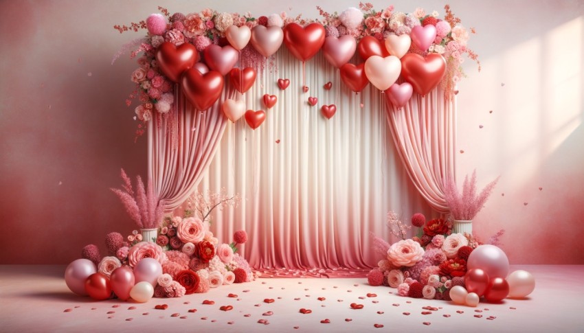 A simple Valentine's Day backdrop design for photo sessions, decorated with a few flowers and several balloons.