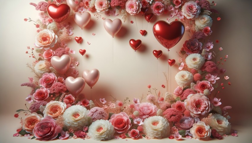 A simple Valentine's Day backdrop design for photo sessions, decorated with a few flowers and several balloons.