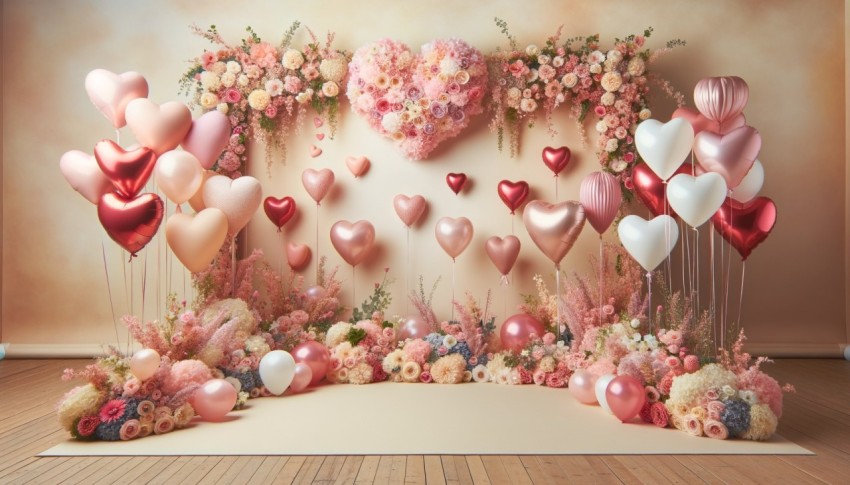 A simple Valentine's Day backdrop design for photo sessions, decorated with a few flowers and several balloons.