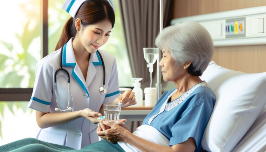 A picture of a nurse closely caring for a patient.