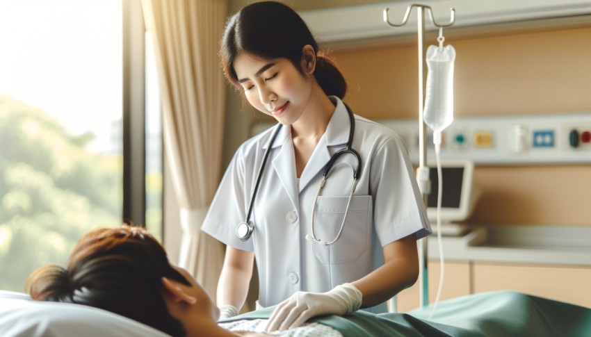 A picture of a nurse closely caring for a patient.