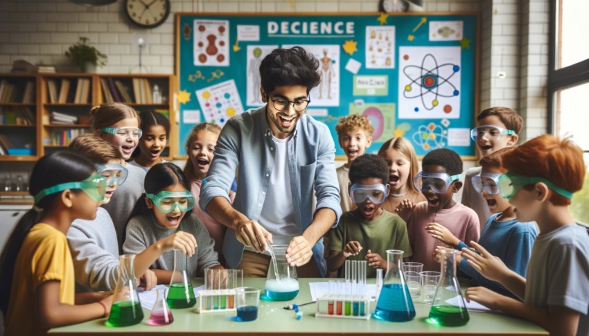 Teacher engaging in activities with students.