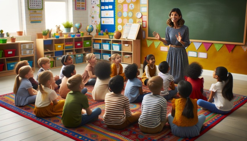 Teacher engaging in activities with students.