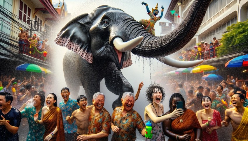 During the Songkran festival in Bangkok, an elephant sprays water on people.