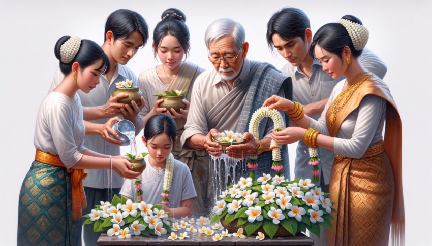 During Songkran, families pour water and flowers on the hands of elders holding jasmine garlands.