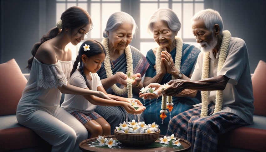 During Songkran, families pour water and flowers on the hands of elders holding jasmine garlands.