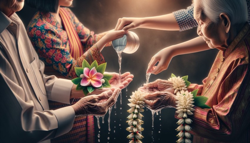 During Songkran, families pour water and flowers on the hands of elders holding jasmine garlands.