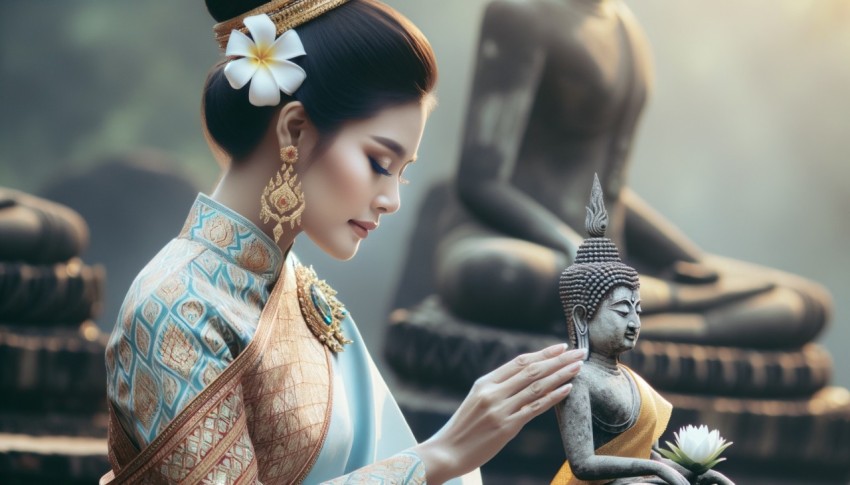 On Songkran Day, a beautiful Thai woman in traditional costume bathes a Buddha statue.