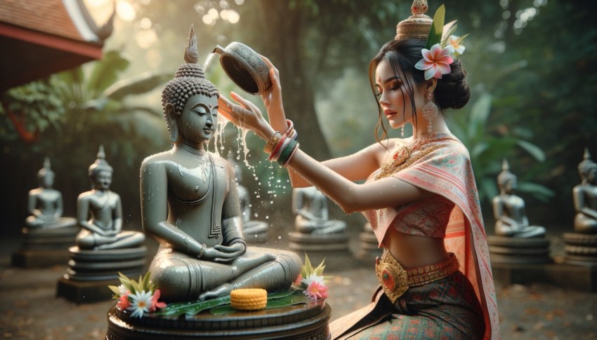 On Songkran Day, a beautiful Thai woman in traditional costume bathes a Buddha statue.