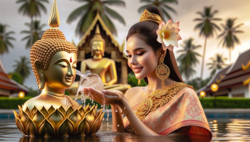 On Songkran Day, a beautiful Thai woman in traditional costume bathes a Buddha statue.