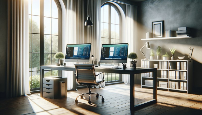 Distance working concept featuring a workspace with a desk and an open window.