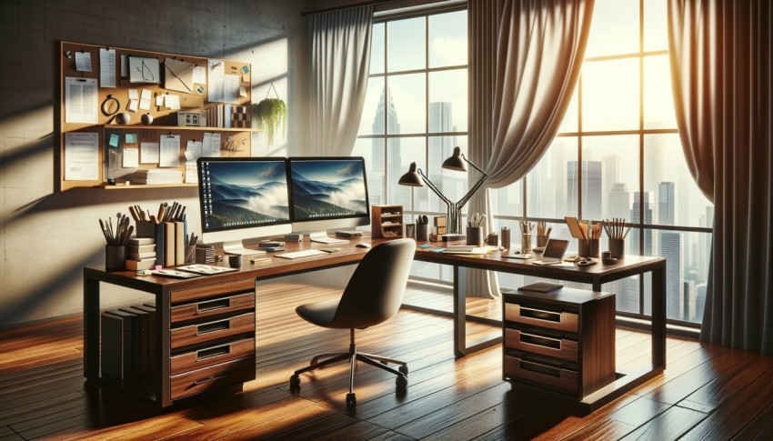 Distance working concept featuring a workspace with a desk and an open window.