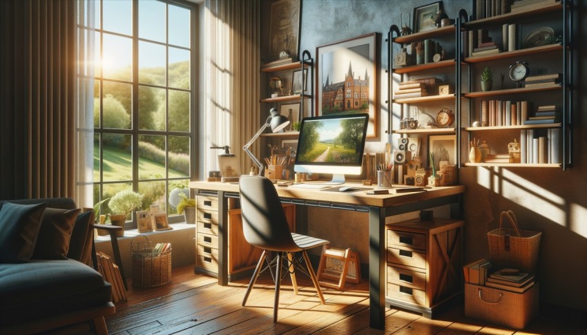 Distance working concept featuring a workspace with a desk and an open window.