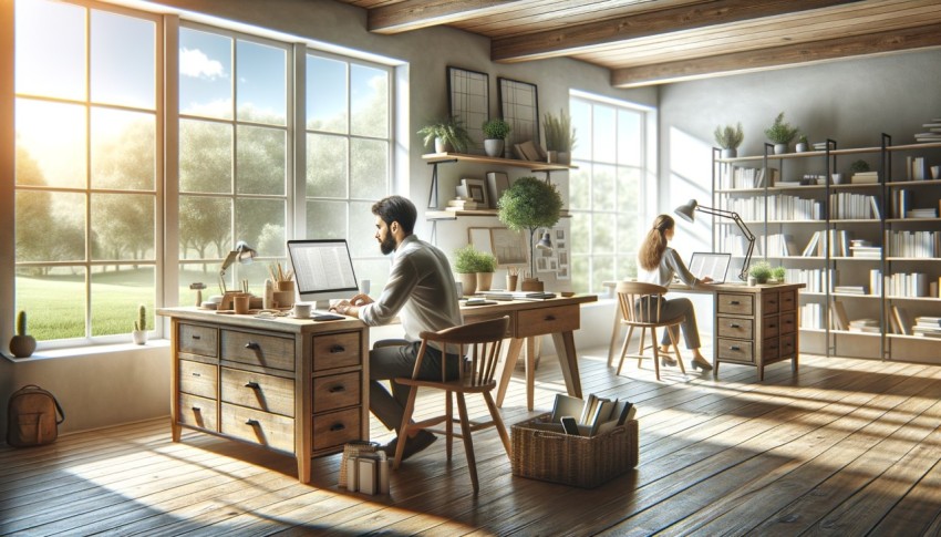 Distance working concept featuring a workspace with a desk and an open window.