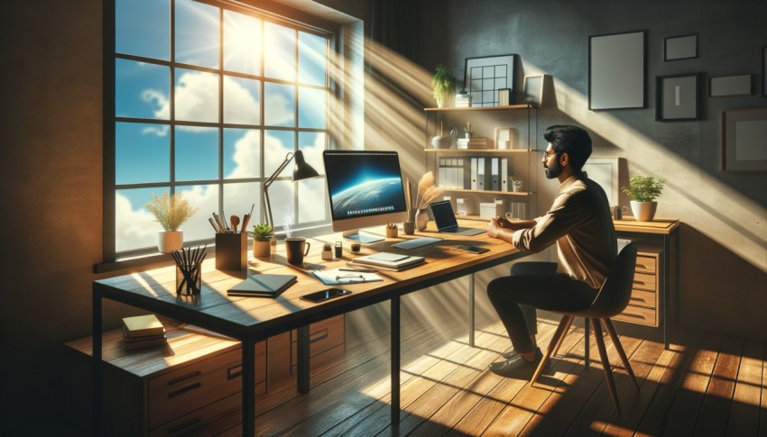 Distance working concept featuring a workspace with a desk and an open window.