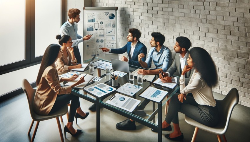 Image of businesspeople discussing a plan in a meeting.