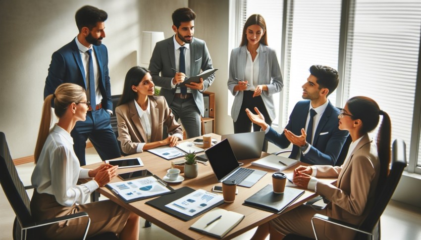 Image of businesspeople discussing a plan in a meeting.