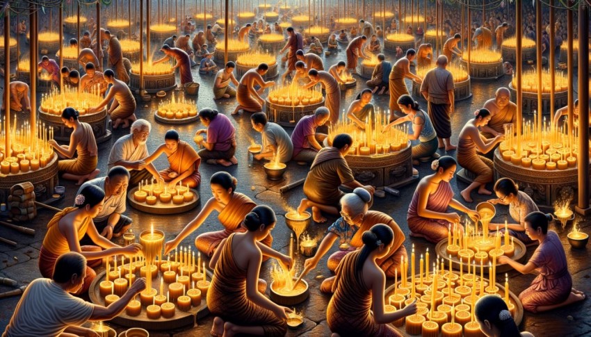 Candle casting activity and candle procession on Buddhist Lent Day.