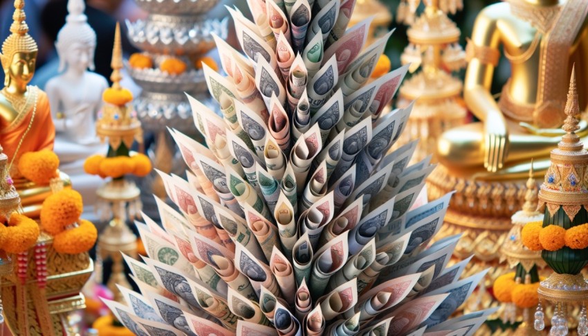 A religious image depicting the Bodhisattva and offerings being made.