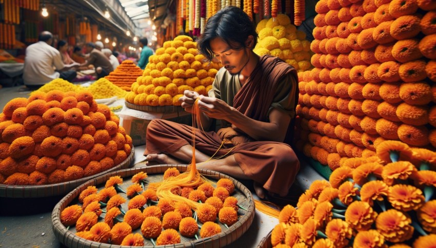 A religious image depicting the Bodhisattva and offerings being made.