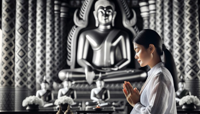 Buddhists performing religious rituals inside a temple.